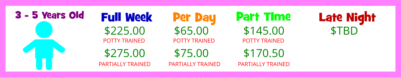 Full Week  $225.00 Per Day  Part TIme  Late Night  POTTY TRAINED $TBD 3 - 5 Years Old $275.00 PARTIALLY TRAINED $65.00 POTTY TRAINED $75.00 PARTIALLY TRAINED $145.00 POTTY TRAINED $170.50 PARTIALLY TRAINED